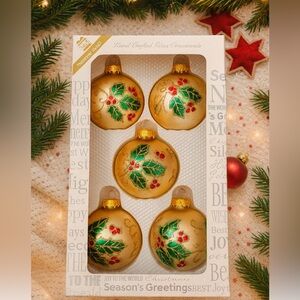 Vintage hand painted glass christmas ornaments, set of 5, in original box.